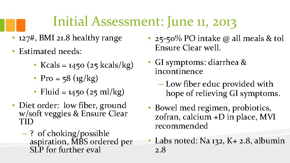 Initial Assessment: June 11, 2013 • 127#, BMI 21. 8 healthy range • Estimated