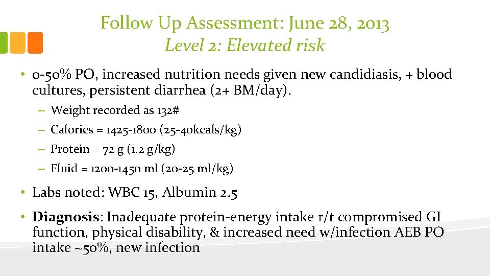 Follow Up Assessment: June 28, 2013 Level 2: Elevated risk • 0 -50% PO,