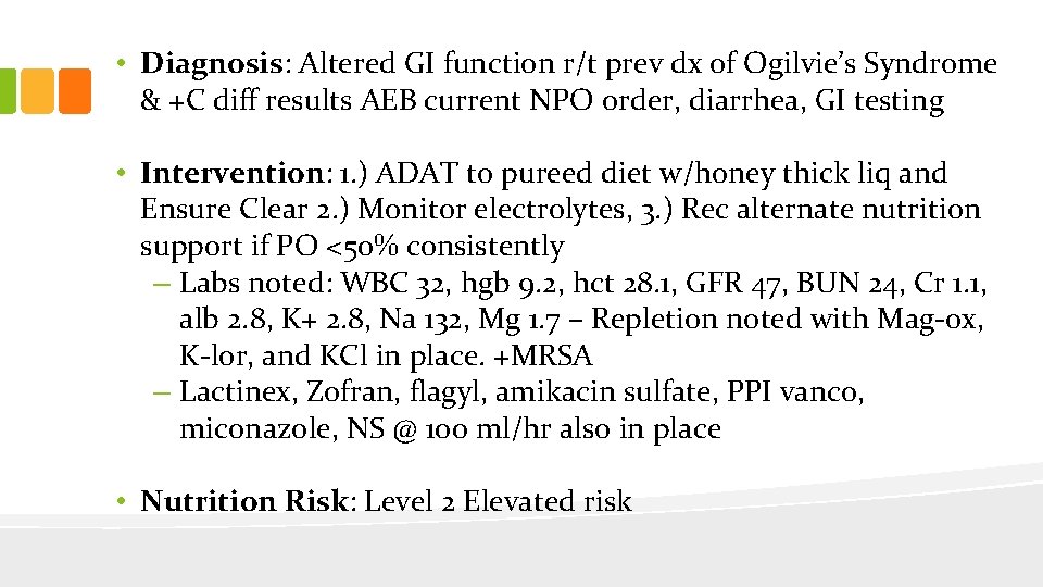  • Diagnosis: Altered GI function r/t prev dx of Ogilvie’s Syndrome & +C