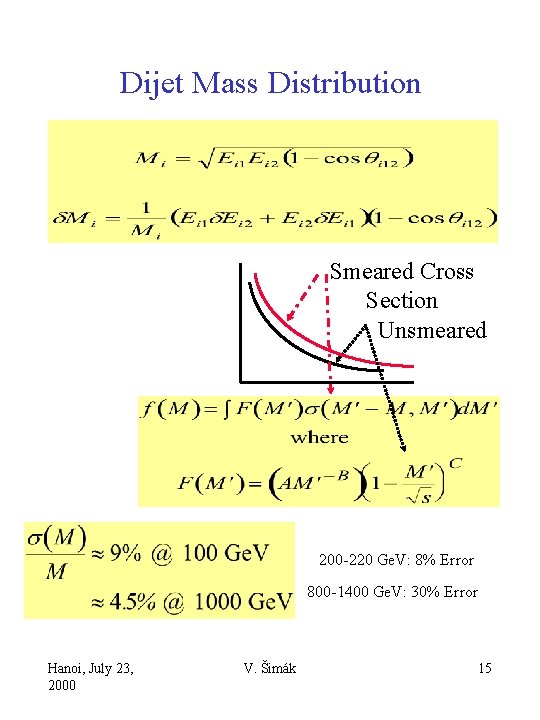 Dijet Mass Distribution Smeared Cross Section Unsmeared 200 -220 Ge. V: 8% Error 800