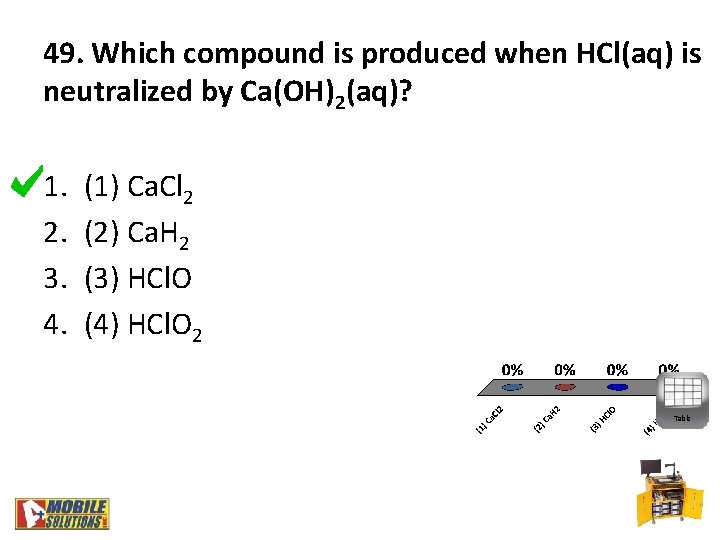 49. Which compound is produced when HCl(aq) is neutralized by Ca(OH)2(aq)? 1. 2. 3.