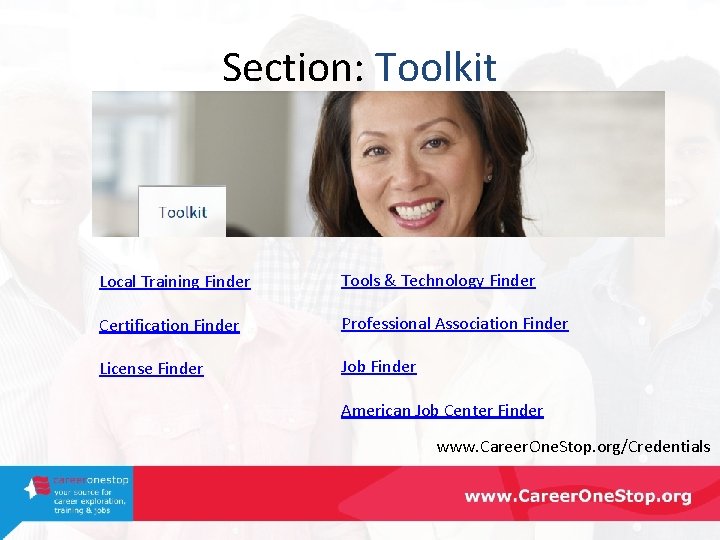 Section: Toolkit Local Training Finder Tools & Technology Finder Certification Finder Professional Association Finder