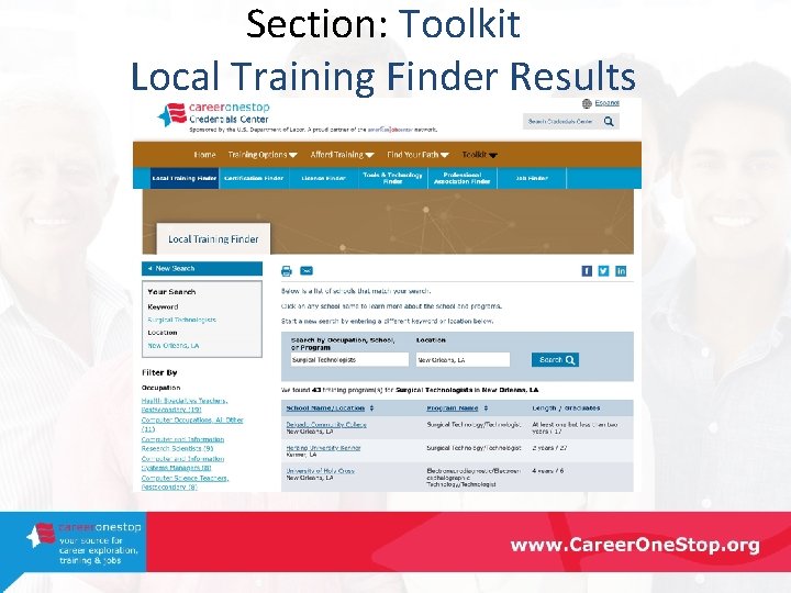 Section: Toolkit Local Training Finder Results 