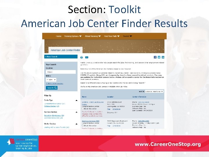 Section: Toolkit American Job Center Finder Results 