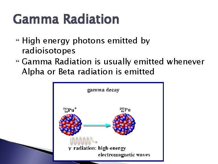 Gamma Radiation High energy photons emitted by radioisotopes Gamma Radiation is usually emitted whenever