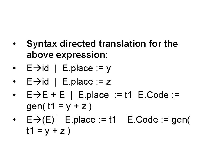  • • • Syntax directed translation for the above expression: E id |