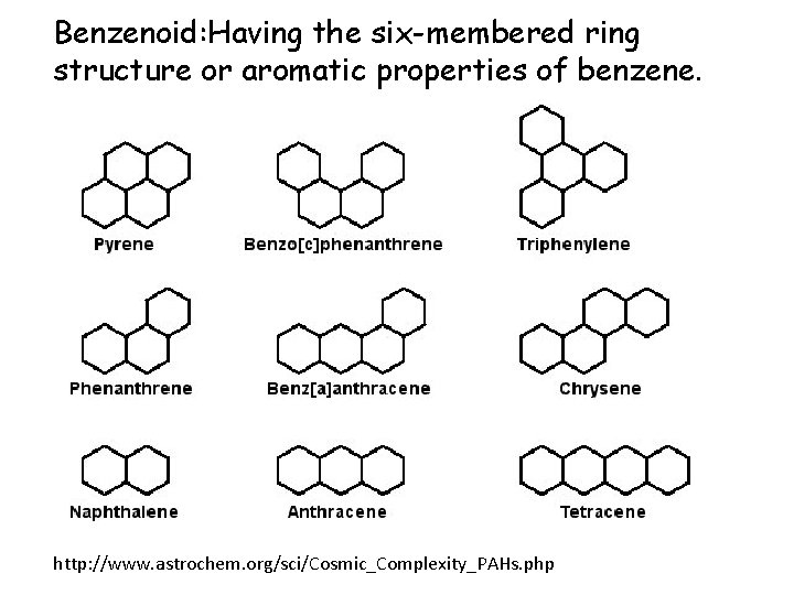 Benzenoid: Having the six-membered ring structure or aromatic properties of benzene. http: //www. astrochem.
