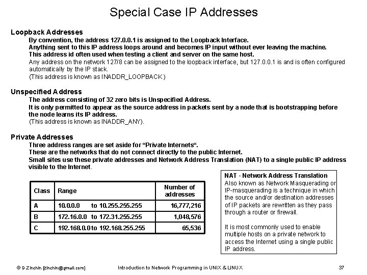 Special Case IP Addresses Loopback Addresses By convention, the address 127. 0. 0. 1