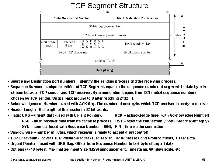 TCP Segment Structure • Source and Destination port numbers - identify the sending process