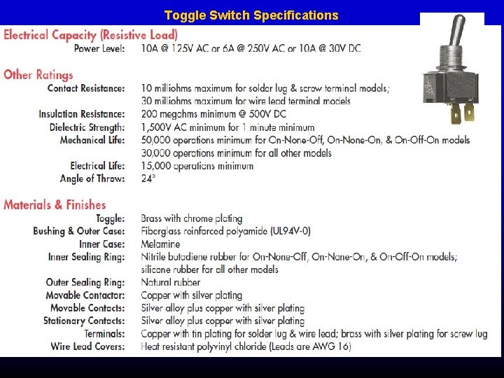 Toggle Switch Specifications 