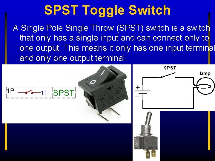 SPST Toggle Switch A Single Pole Single Throw (SPST) switch is a switch that