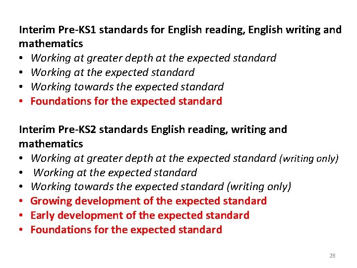 Interim Pre-KS 1 standards for English reading, English writing and mathematics • Working at