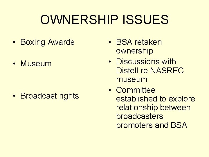 OWNERSHIP ISSUES • Boxing Awards • Museum • Broadcast rights • BSA retaken ownership