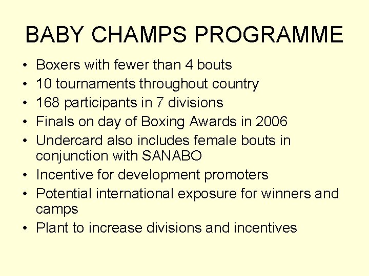 BABY CHAMPS PROGRAMME • • • Boxers with fewer than 4 bouts 10 tournaments
