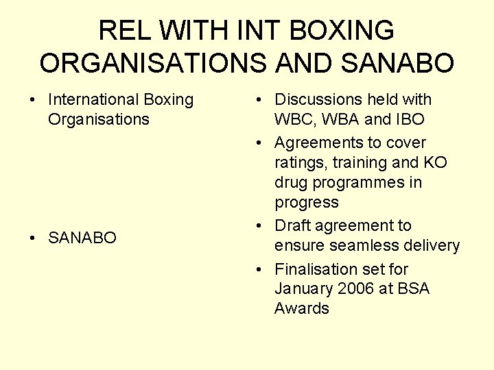 REL WITH INT BOXING ORGANISATIONS AND SANABO • International Boxing Organisations • SANABO •