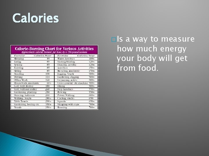 Calories � Is a way to measure how much energy your body will get