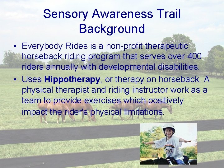 Sensory Awareness Trail Background • Everybody Rides is a non-profit therapeutic horseback riding program