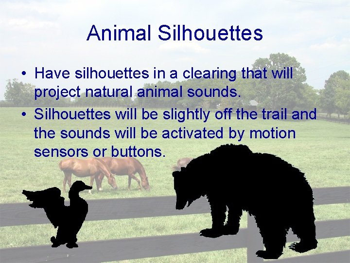 Animal Silhouettes • Have silhouettes in a clearing that will project natural animal sounds.