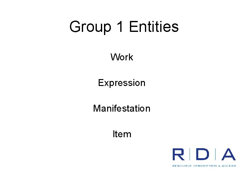 Group 1 Entities Work Expression Manifestation Item 