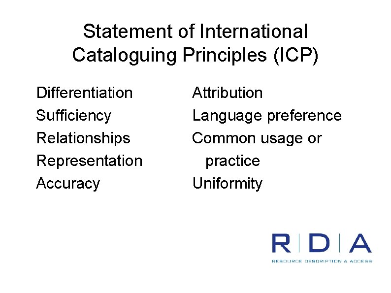 Statement of International Cataloguing Principles (ICP) Differentiation Sufficiency Relationships Representation Accuracy Attribution Language preference
