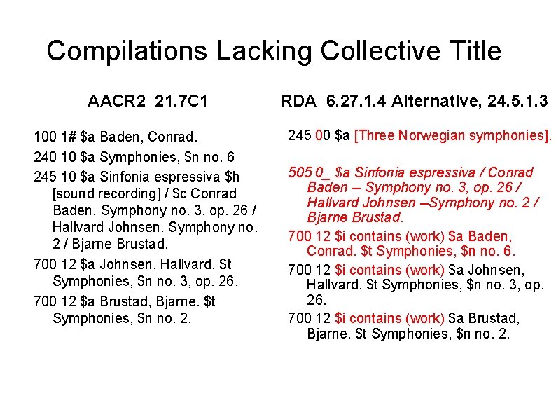 Compilations Lacking Collective Title AACR 2 21. 7 C 1 100 1# $a Baden,