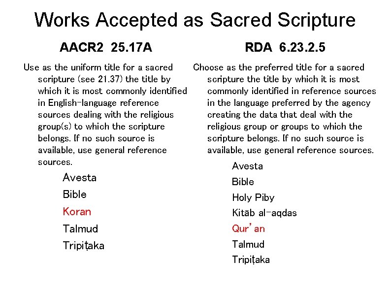 Works Accepted as Sacred Scripture AACR 2 25. 17 A RDA 6. 23. 2.