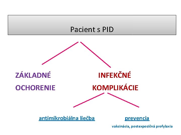 Pacient s PID ZÁKLADNÉ INFEKČNÉ OCHORENIE KOMPLIKÁCIE antimikrobiálna liečba prevencia vakcinácia, postexpozičná profylaxia 