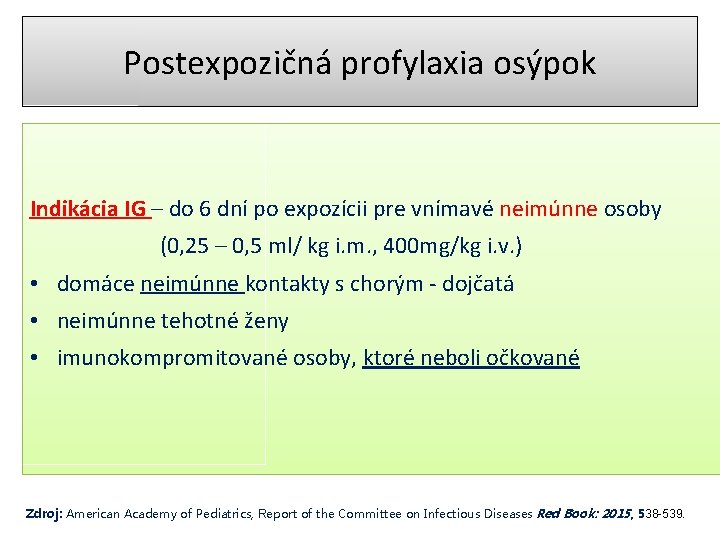 Postexpozičná profylaxia osýpok Indikácia IG – do 6 dní po expozícii pre vnímavé neimúnne