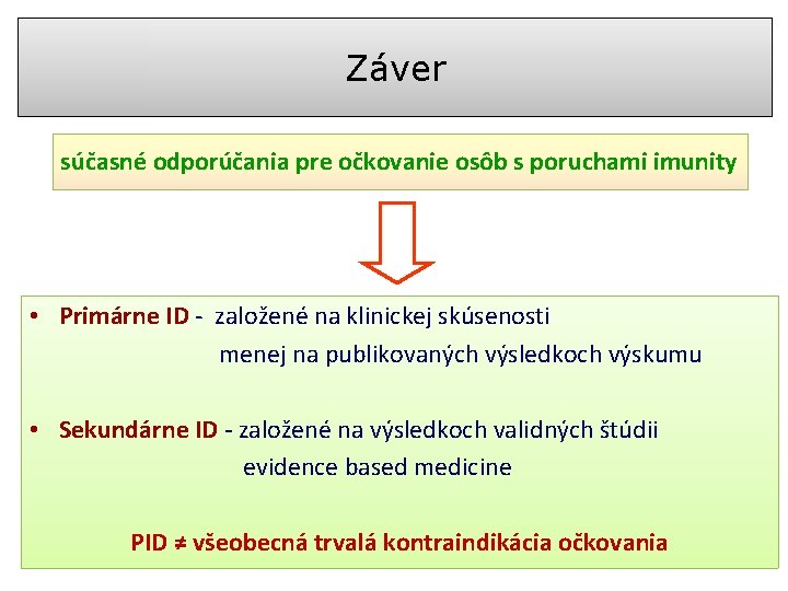 Záver súčasné odporúčania pre očkovanie osôb s poruchami imunity • Primárne ID - založené