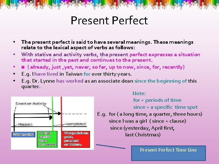 Present Perfect • • • The present perfect is said to have several meanings.