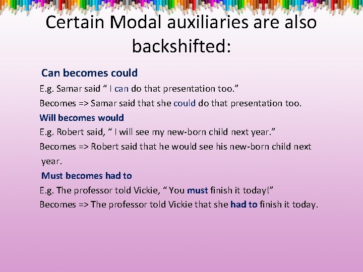 Certain Modal auxiliaries are also backshifted: Can becomes could E. g. Samar said “