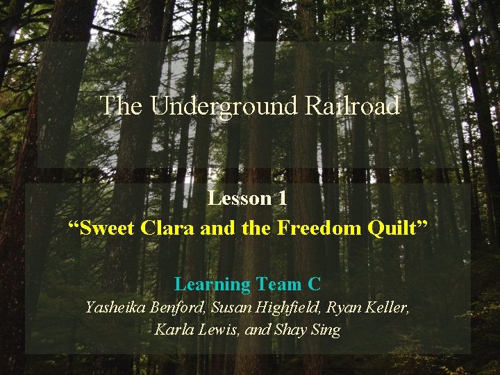 The Underground Railroad Lesson 1 “Sweet Clara and the Freedom Quilt” Learning Team C