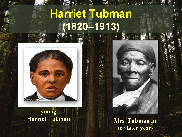 Harriet Tubman (1820– 1913) young Harriet Tubman Mrs. Tubman in her later years 