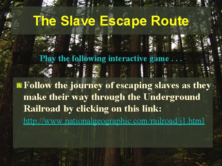 The Slave Escape Route Play the following interactive game. . . Follow the journey