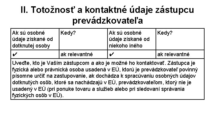 II. Totožnosť a kontaktné údaje zástupcu prevádzkovateľa Ak sú osobné údaje získané od dotknutej