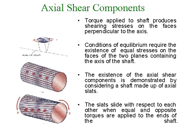 Axial Shear Components • Torque applied to shaft produces shearing stresses on the faces