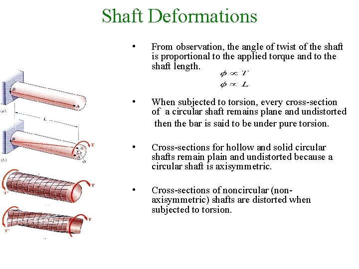 Shaft Deformations • From observation, the angle of twist of the shaft is proportional
