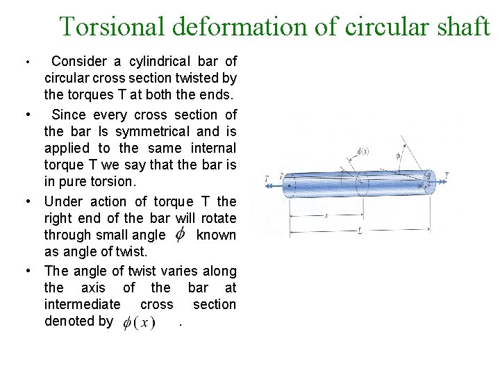 Torsional deformation of circular shaft Consider a cylindrical bar of circular cross section twisted
