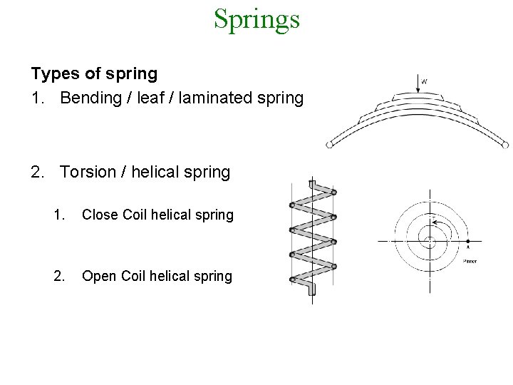 Springs Types of spring 1. Bending / leaf / laminated spring 2. Torsion /