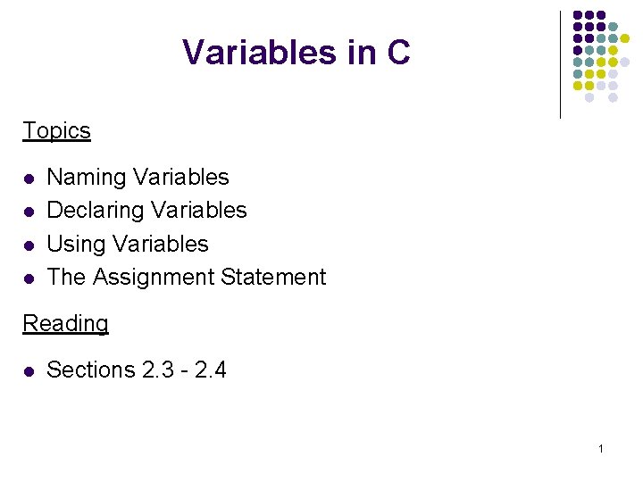 Variables in C Topics l l Naming Variables Declaring Variables Using Variables The Assignment