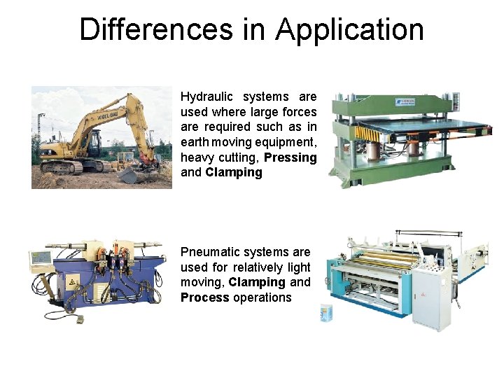 Differences in Application Hydraulic systems are used where large forces are required such as