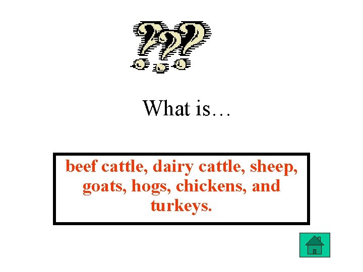 What is… beef cattle, dairy cattle, sheep, goats, hogs, chickens, and turkeys. 