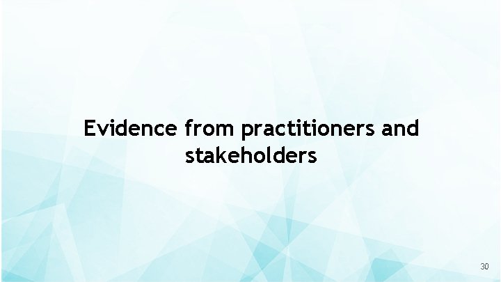 Evidence from practitioners and stakeholders 30 