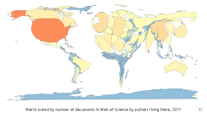 World scaled by number of documents in Web of Science by authors living there,