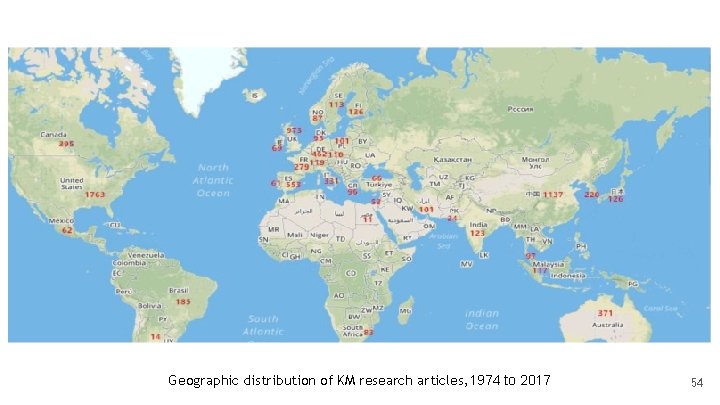 Geographic distribution of KM research articles, 1974 to 2017 54 