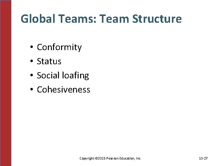 Global Teams: Team Structure • • Conformity Status Social loafing Cohesiveness Copyright © 2015