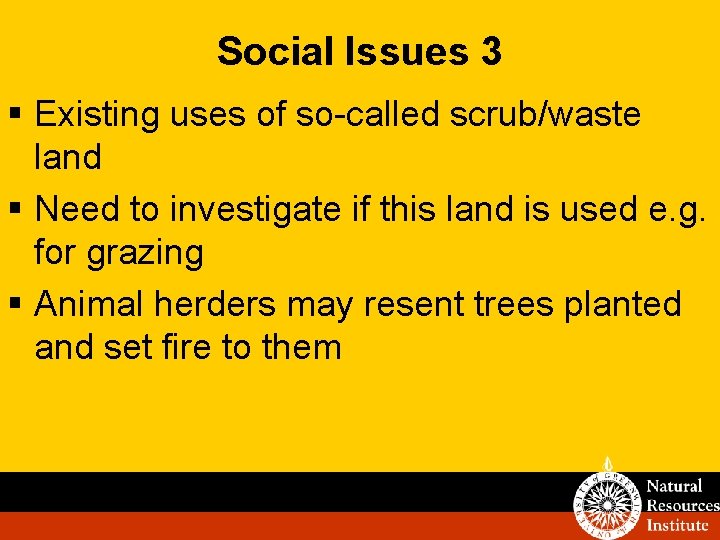 Social Issues 3 § Existing uses of so-called scrub/waste land § Need to investigate
