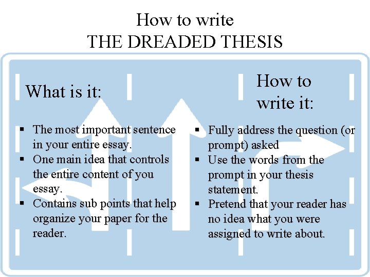 How to write THE DREADED THESIS What is it: § The most important sentence How to write THE DREADED THESIS What is it: § The most important sentence