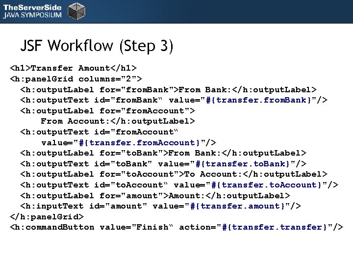 JSF Workflow (Step 3) <h 1>Transfer Amount</h 1> <h: panel. Grid columns="2"> <h: output.