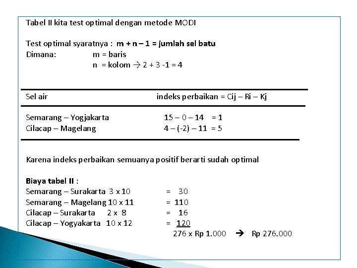 Tabel II kita test optimal dengan metode MODI Test optimal syaratnya : m +